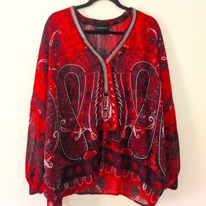 Lane Bryant Beaded Red Paisley Chiffon Dolman Sleeve Blouse Plus Size 18/20
